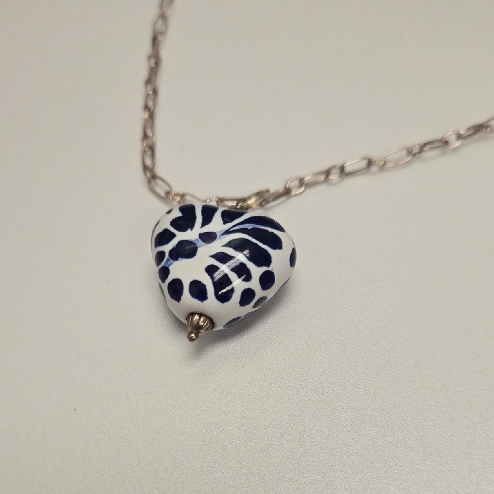 Elegant Blue and White Talavera Necklace with Silver Chain